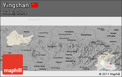 Shaded Relief Panoramic Map of Yingshan, darken, desaturated