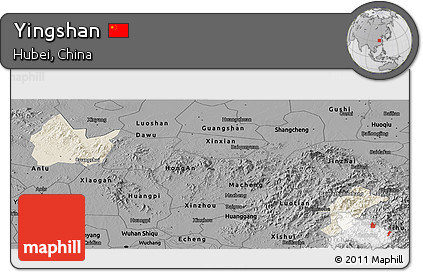 Shaded Relief Panoramic Map of Yingshan, darken, desaturated