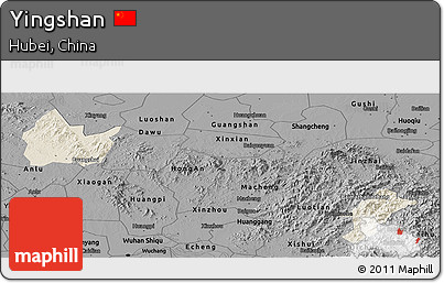 Shaded Relief Panoramic Map of Yingshan, darken, desaturated