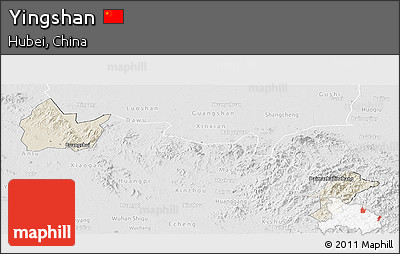 Shaded Relief Panoramic Map of Yingshan, lighten, desaturated