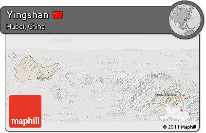 Shaded Relief Panoramic Map of Yingshan, lighten, semi-desaturated