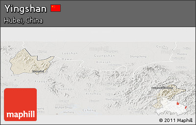Shaded Relief Panoramic Map of Yingshan, lighten, semi-desaturated