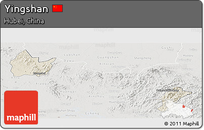 Shaded Relief Panoramic Map of Yingshan, lighten, semi-desaturated