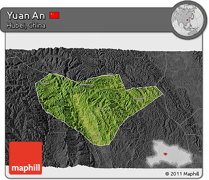 Satellite 3D Map of Yuan An, darken, desaturated