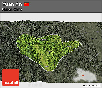 Satellite 3D Map of Yuan An, darken, semi-desaturated