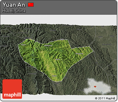 Satellite 3D Map of Yuan An, darken, semi-desaturated