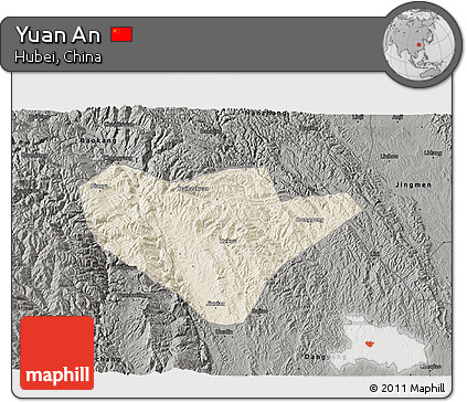 Shaded Relief 3D Map of Yuan An, darken, semi-desaturated