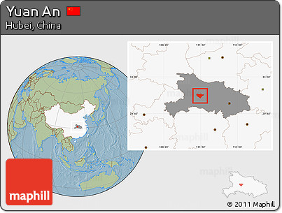 Savanna Style Location Map of Yuan An, highlighted country, highlighted parent region, hill shading