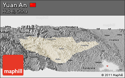 Shaded Relief Panoramic Map of Yuan An, darken, desaturated