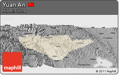 Shaded Relief Panoramic Map of Yuan An, darken, desaturated