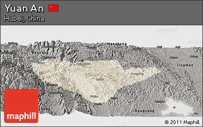 Shaded Relief Panoramic Map of Yuan An, darken, semi-desaturated
