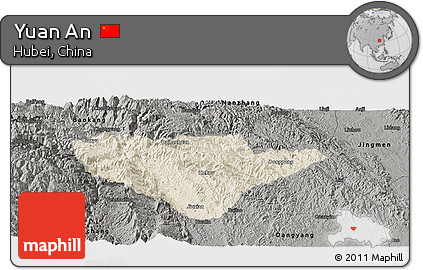 Shaded Relief Panoramic Map of Yuan An, darken, semi-desaturated