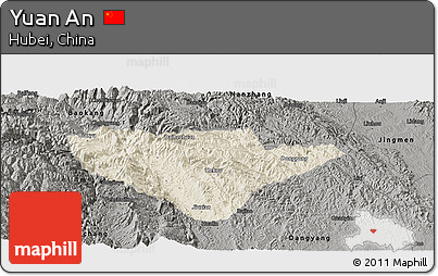 Shaded Relief Panoramic Map of Yuan An, darken, semi-desaturated