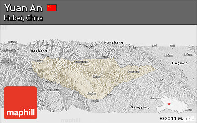 Shaded Relief Panoramic Map of Yuan An, desaturated