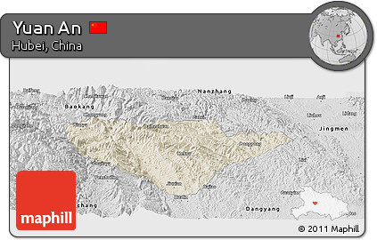 Shaded Relief Panoramic Map of Yuan An, desaturated