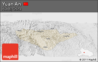 Shaded Relief Panoramic Map of Yuan An, lighten, desaturated