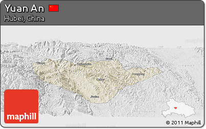 Shaded Relief Panoramic Map of Yuan An, lighten, desaturated