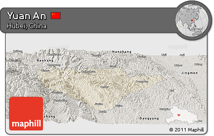 Shaded Relief Panoramic Map of Yuan An, semi-desaturated