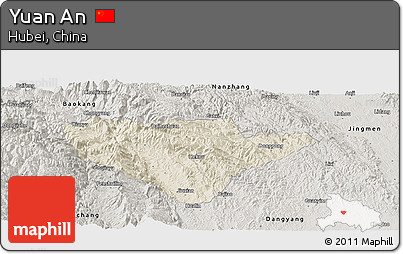 Shaded Relief Panoramic Map of Yuan An, semi-desaturated