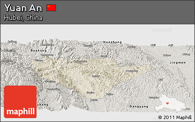 Shaded Relief Panoramic Map of Yuan An, semi-desaturated