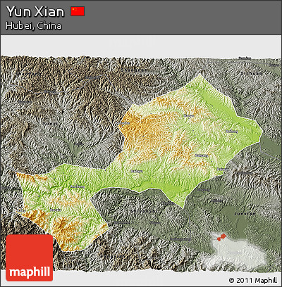 Physical 3D Map of Yun Xian, darken, semi-desaturated