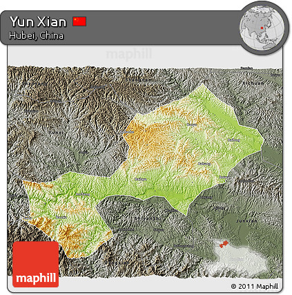 Physical 3D Map of Yun Xian, darken, semi-desaturated