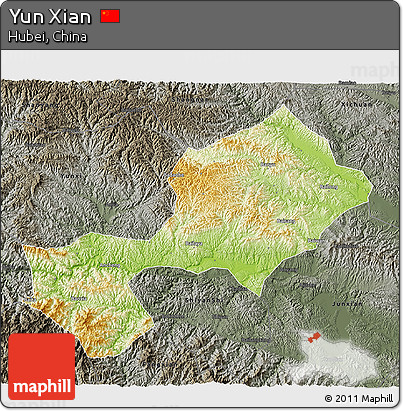 Physical 3D Map of Yun Xian, darken, semi-desaturated