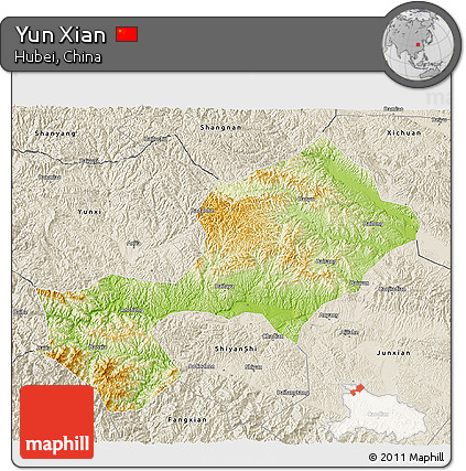Physical 3D Map of Yun Xian, shaded relief outside