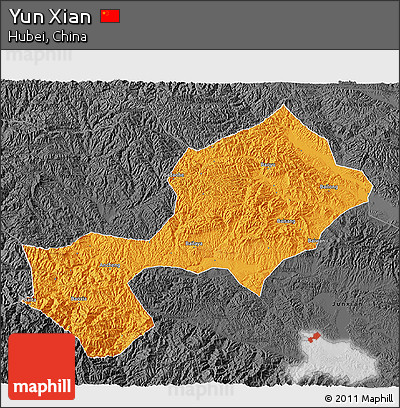 Political 3D Map of Yun Xian, darken, desaturated