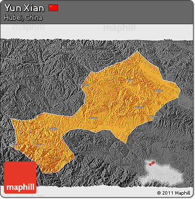 Political 3D Map of Yun Xian, darken, desaturated