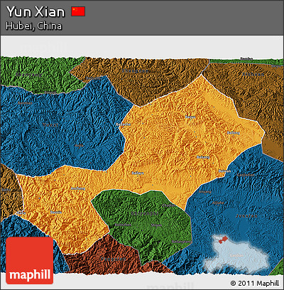 Political 3D Map of Yun Xian, darken