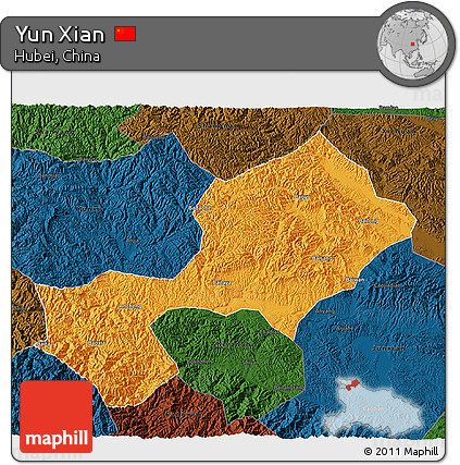 Political 3D Map of Yun Xian, darken