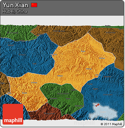 Political 3D Map of Yun Xian, darken