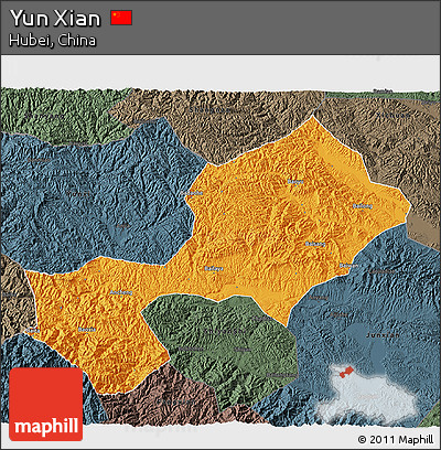 Political 3D Map of Yun Xian, darken, semi-desaturated