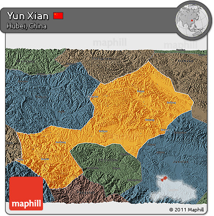 Political 3D Map of Yun Xian, darken, semi-desaturated