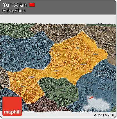 Political 3D Map of Yun Xian, darken, semi-desaturated