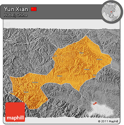 Political 3D Map of Yun Xian, desaturated