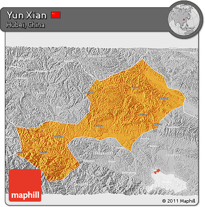 Political 3D Map of Yun Xian, lighten, desaturated