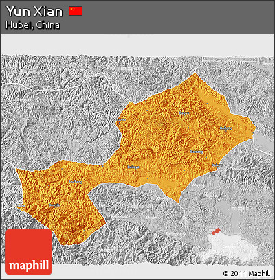 Political 3D Map of Yun Xian, lighten, desaturated