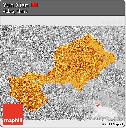 Political 3D Map of Yun Xian, lighten, desaturated