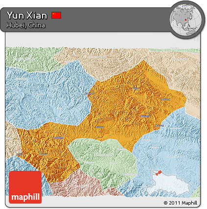 Political 3D Map of Yun Xian, lighten