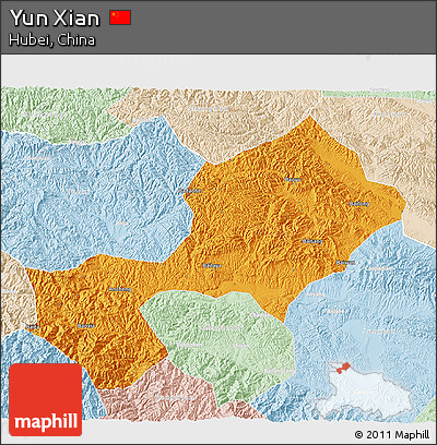 Political 3D Map of Yun Xian, lighten
