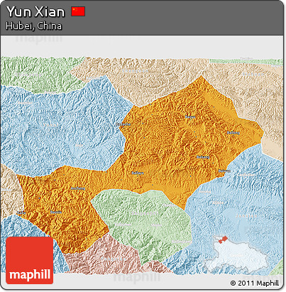 Political 3D Map of Yun Xian, lighten