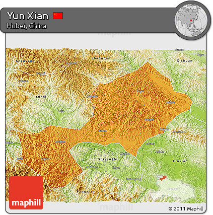 Political 3D Map of Yun Xian, physical outside