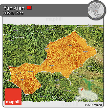Political 3D Map of Yun Xian, satellite outside