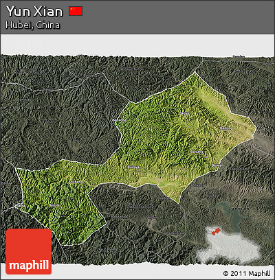 Satellite 3D Map of Yun Xian, darken, semi-desaturated