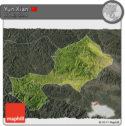 Satellite 3D Map of Yun Xian, darken, semi-desaturated