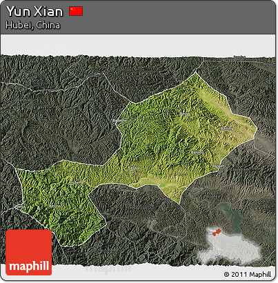 Satellite 3D Map of Yun Xian, darken, semi-desaturated