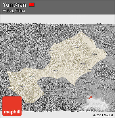 Shaded Relief 3D Map of Yun Xian, darken, desaturated