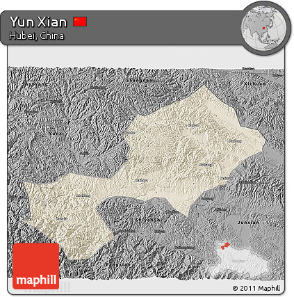 Shaded Relief 3D Map of Yun Xian, darken, desaturated